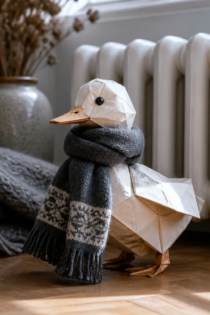 Duck paper doll wearing a loop scarf with patterned ends