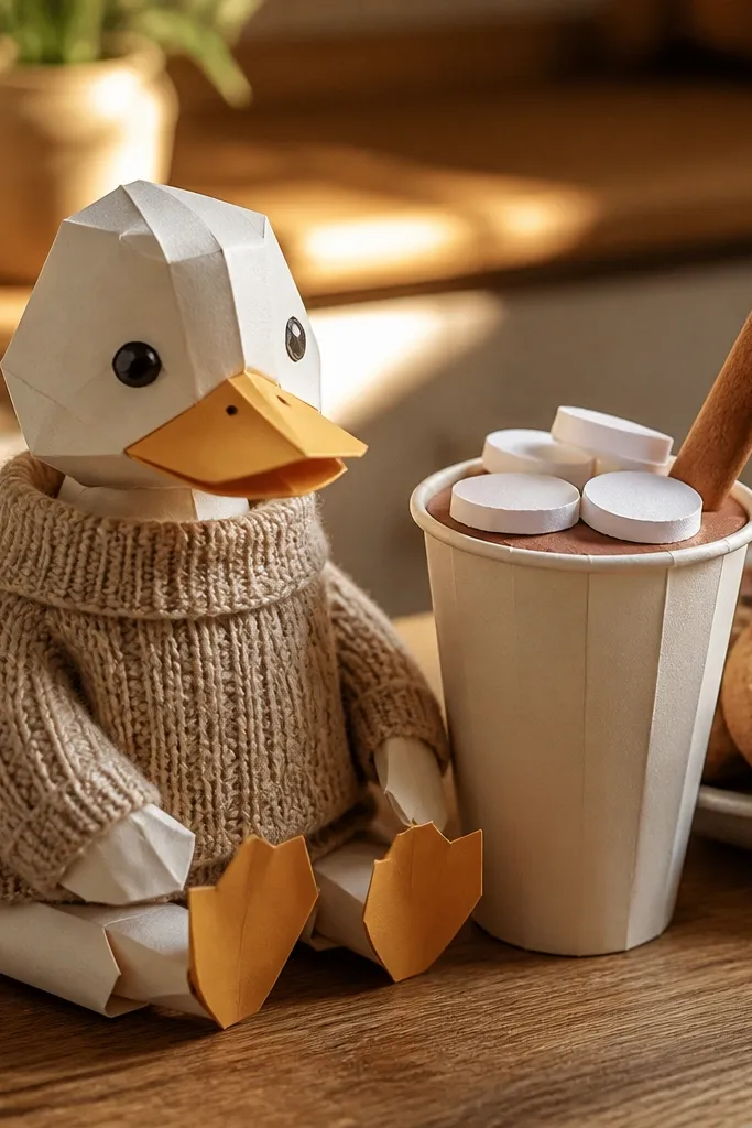 Duck paper doll holding hot cocoa with three marshmallow circles on top