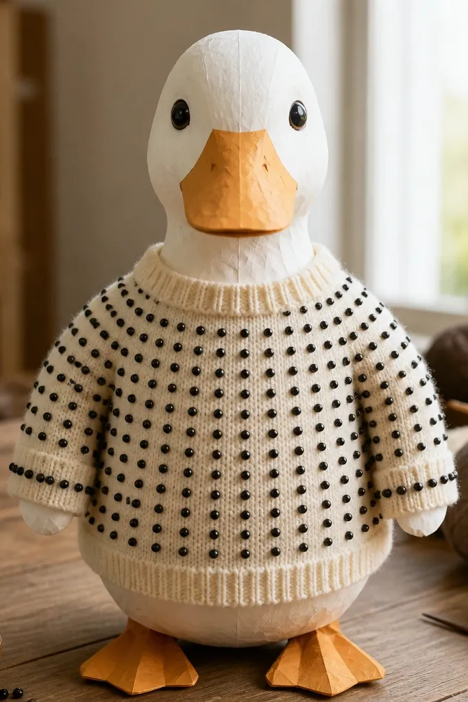 Duck paper doll wearing a sweater with bead-like dots pattern and cuffs