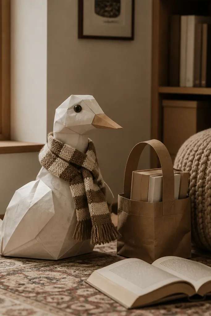 Duck paper doll holding a small book with a scarf and tote bag