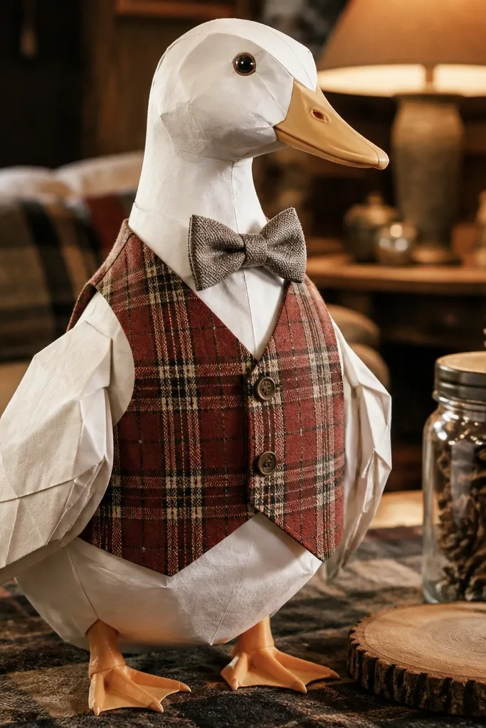 Duck paper doll wearing a plaid vest with a small bow tie