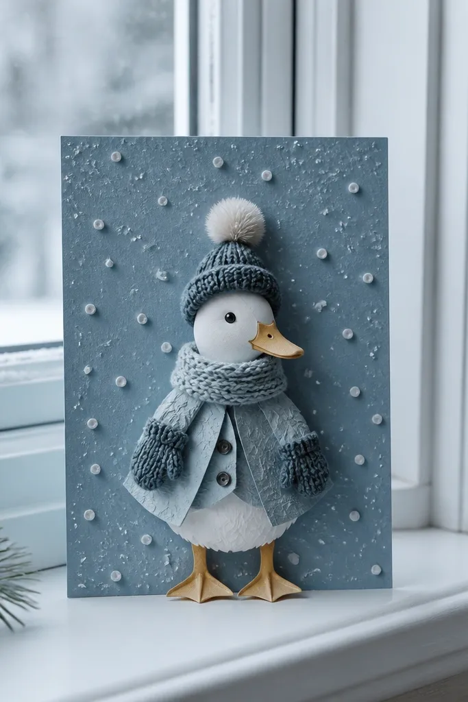 Duck paper doll wearing mittens with small white snow specks around