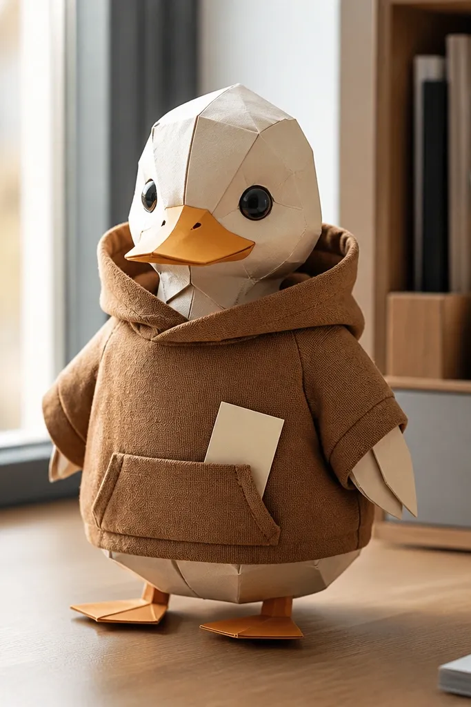 Duck paper doll with a hoodie pocket holding a removable folded note
