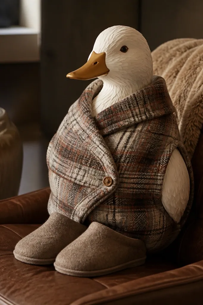 Duck paper doll wearing a wrap vest and soft house slippers