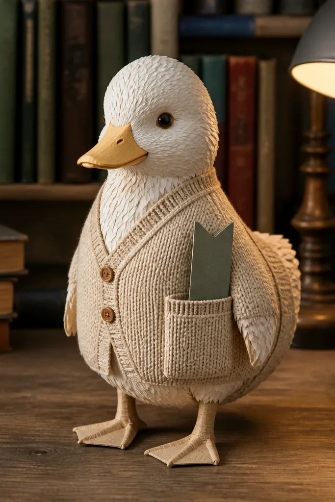 Duck in cardigan with a side pocket holding a paper bookmark tab