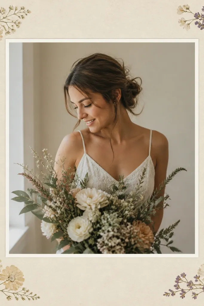 A frame that looks like pressed flowers: pale beige background with small dried-flower illustrations in the corners and a thin off-white mat around the photo.