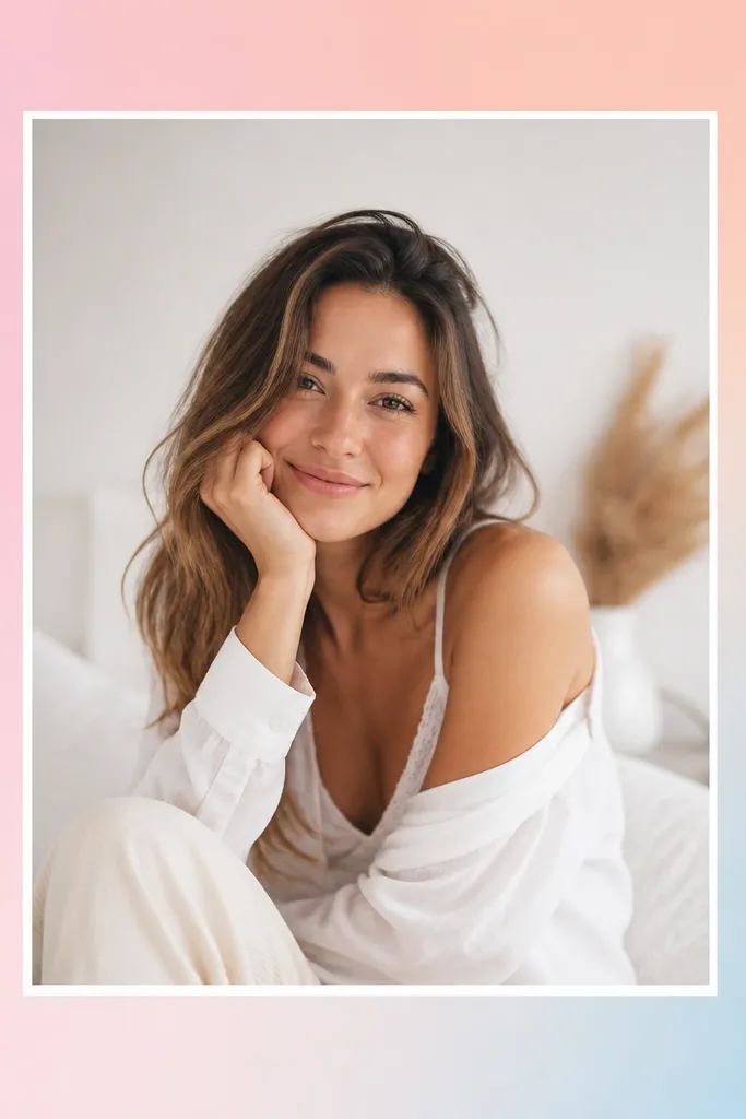A soft pastel gradient background (pink to peach to light blue) with a white frame border and a centered photo.