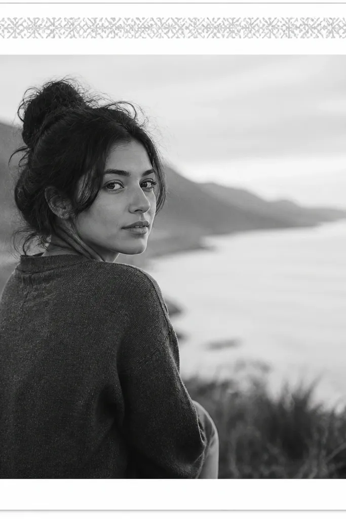A grayscale photo framed by a white border where the top border strip has a subtle repeating pattern in gray.