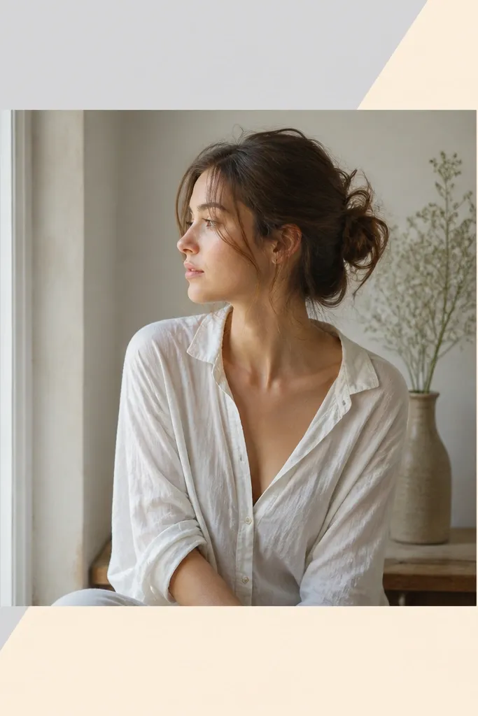 A square layout where the photo is centered but a diagonal border creates a split look, with one side in light gray and the other side in pale cream.