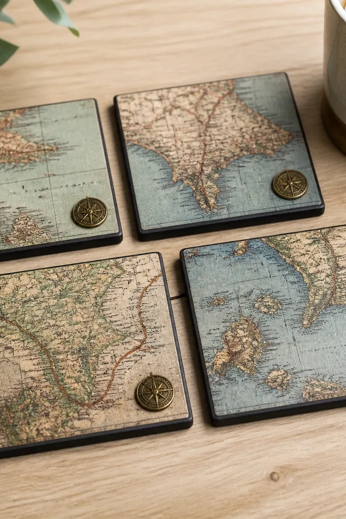 Four coasters made from a printed vintage-style map, each coaster has a thin black frame border, and one corner has a small brass compass pin. The set sits on a light wood table with a coffee cup partly visible.