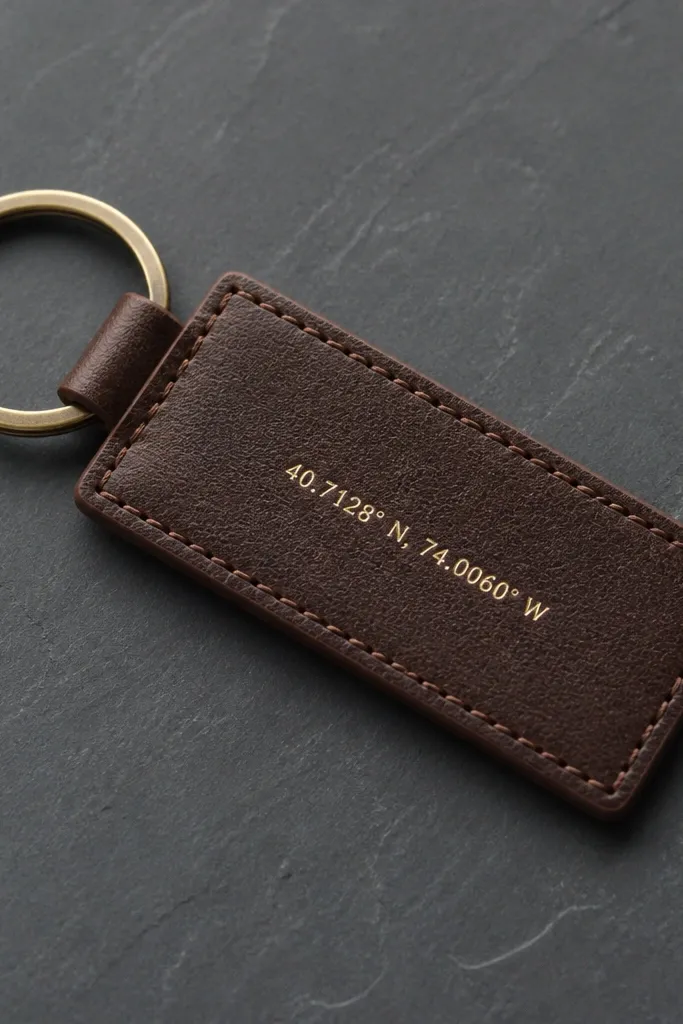 A rectangular leather-look key fob in dark brown faux leather with stitched edges, a small stamped coordinate text in gold at the center, and a metal keyring attached. It's photographed on a slate gray background.