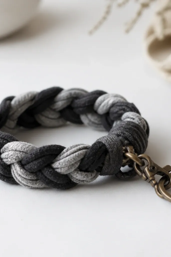 A braided keychain made from strips of old heather gray and black T-shirt fabric, wrapped into a bracelet-like braid with a small metal clasp. The photo shows texture close-up on a white desk.