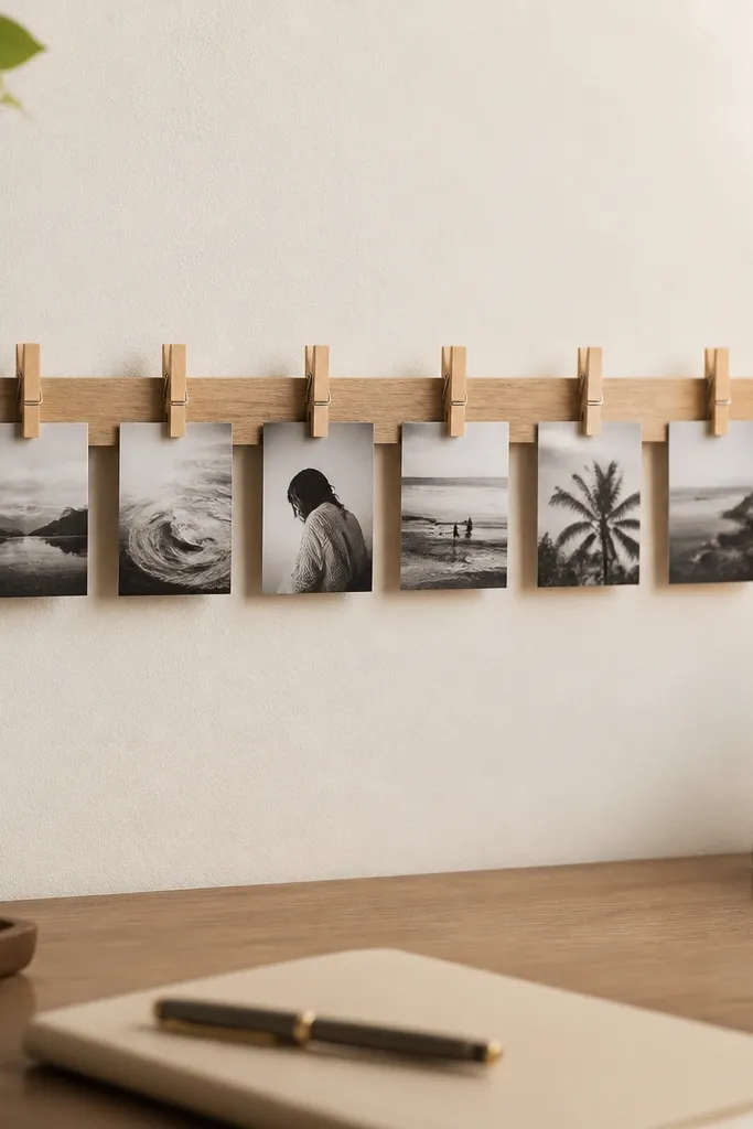 A horizontal strip of light wood with six small mini clothespins holding black-and-white photos, mounted on a desk. The strip has a simple matte finish and a small hanging hook on the back.