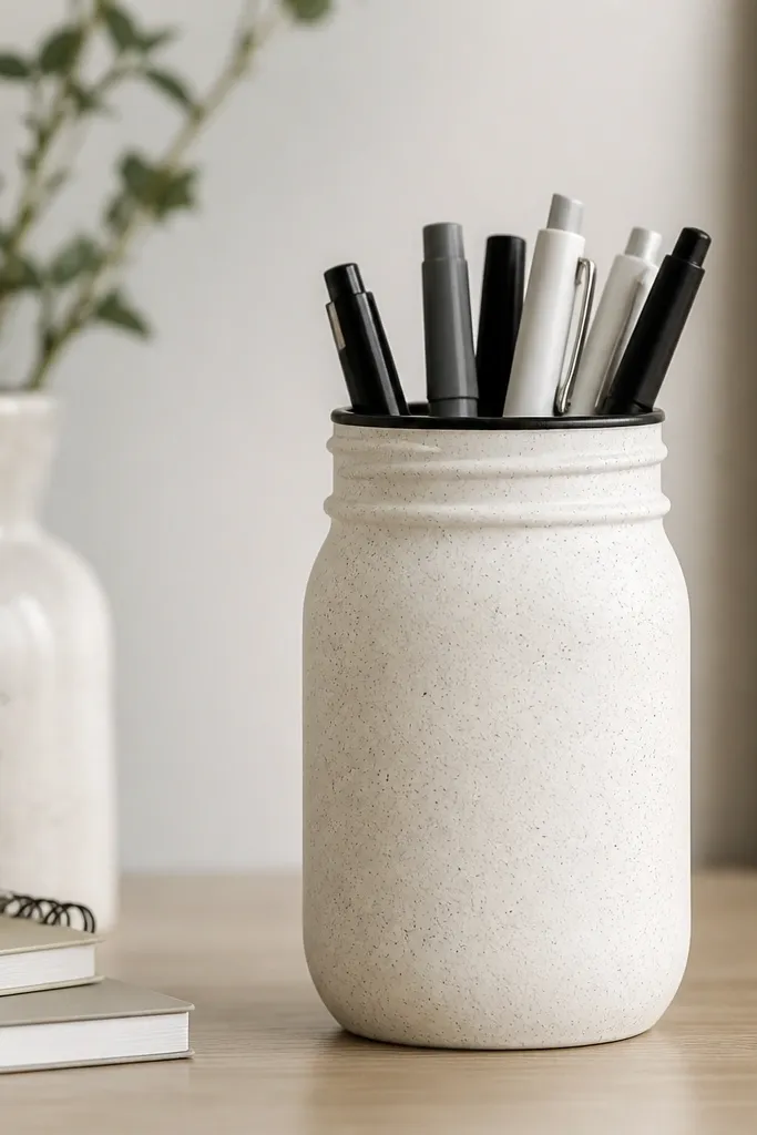 A clear mason jar painted in off-white with gray speckle dots, placed on a desk with pens sticking out. The jar has a smooth matte finish and a thin black rim at the top.