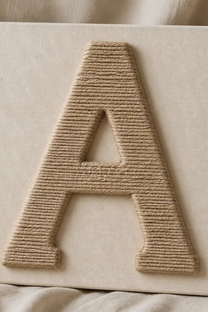 A large letter made from a hot glue outline on a canvas board, wrapped with tan twine. The background is a muted beige fabric, and the letter looks raised and textured.