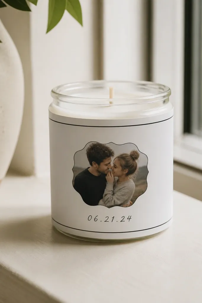 A white paper sleeve wrapped around a small jar candle, with a cutout photo of a couple and a hand-written date. The sleeve has a simple black border and sits on a windowsill.