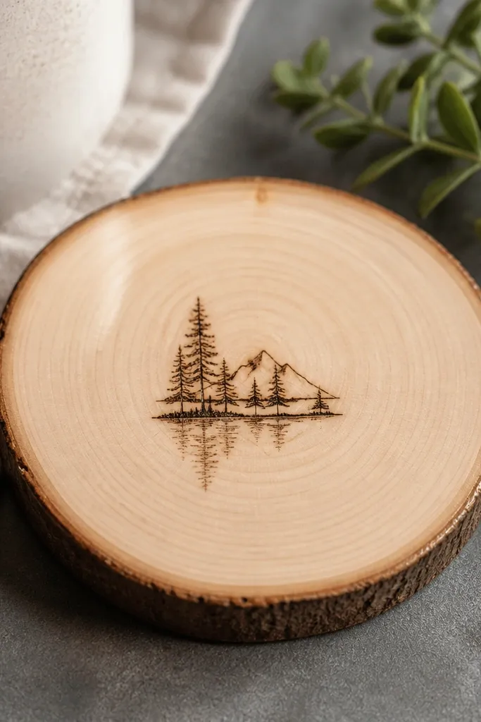 A round wood slice coaster with a small burned quote in the center, sealed with a glossy clear coat. Light grain lines show around the edges.