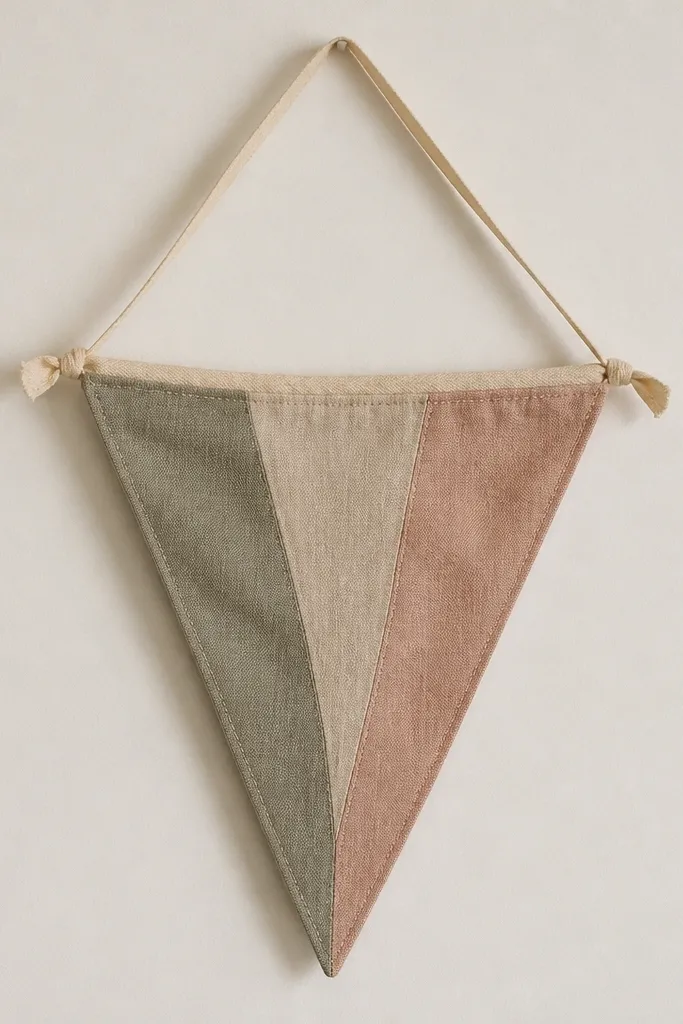 A small pennant banner made from three fabric scraps in muted colors, stitched into a triangle shape. The pennant has a narrow ribbon tie at the top and hangs against a plain wall.