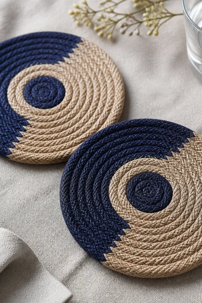 Two round coasters made from tightly coiled rope in navy and tan sections, with a neat center circle and sealed edges. The photo shows the rope fibers and a clean circular outline.