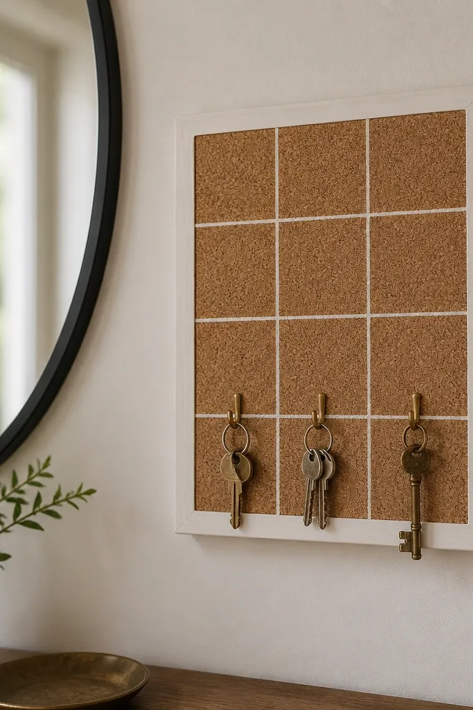 A small corkboard mounted on a wall with a hand-painted grid in white lines, and three tiny brass hooks holding keys. The board has a clean border and sits next to a mirror.