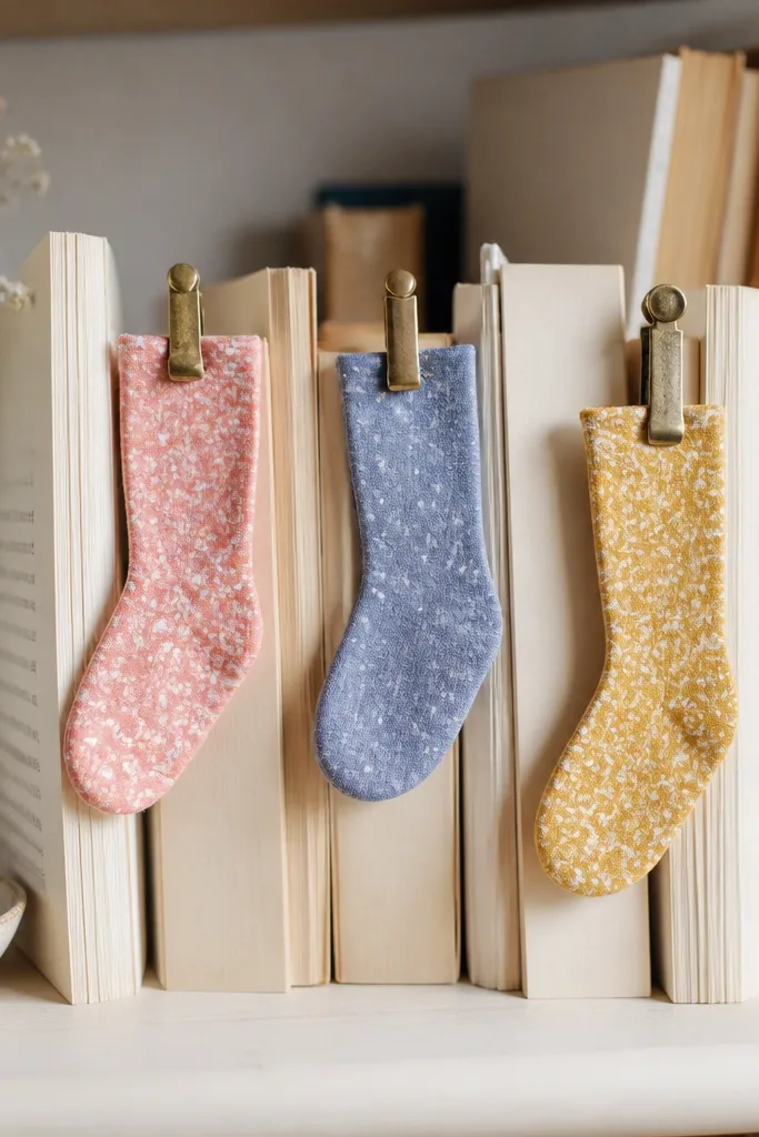 A set of three fabric bookmarks shaped like mini socks, each with a different color fabric and a small metal clip at the top. They're displayed on a bookshelf with books open.