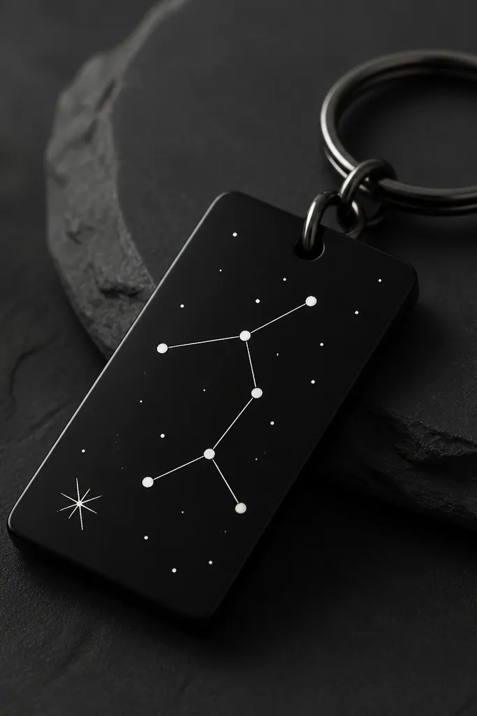 A black acrylic rectangle keychain with a constellation pattern painted in white dots, plus a small star shape near the corner. The background is dark so the dots appear bright.