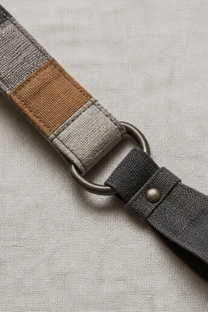 A patchwork fabric lanyard made from several small rectangles in gray and earth tones, with a metal D-ring and a short wrist strap. The photo shows the hardware close-up.
