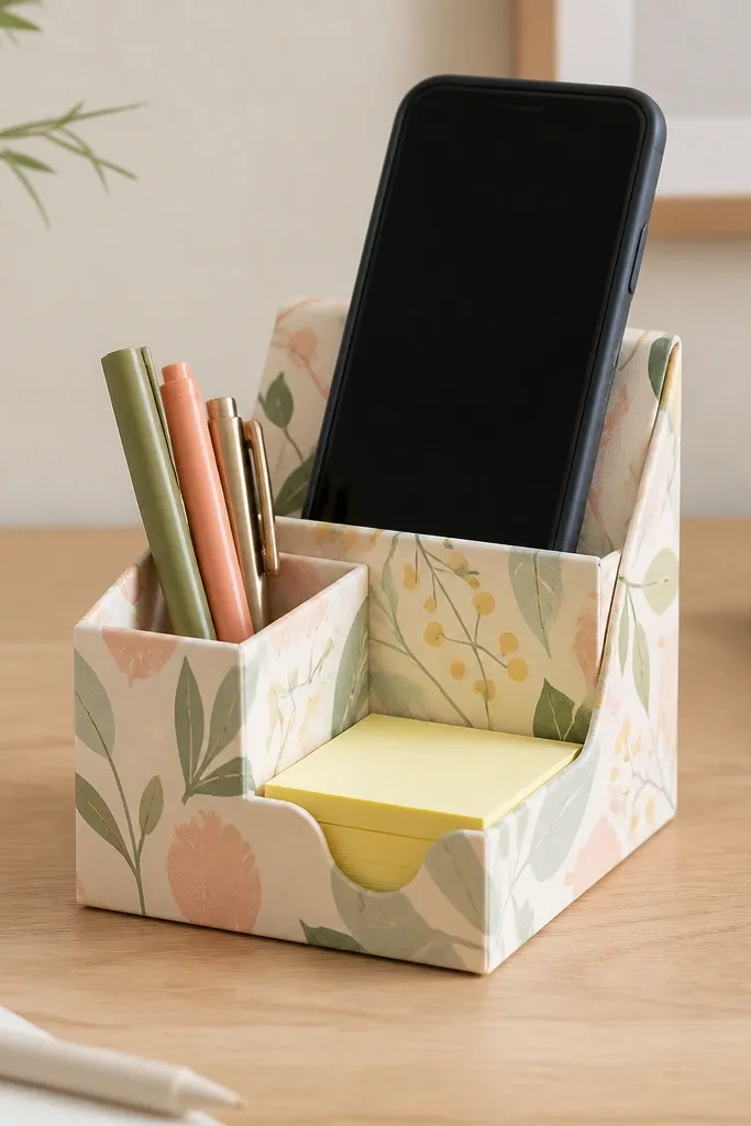 A small desk organizer made from cardboard wrapped in patterned paper, with a front slot for sticky notes and a fold-out phone stand at the back. The stand is angled and holds a smartphone.