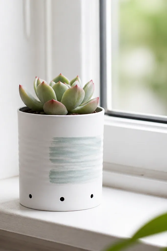 A small tin can planter painted matte white with a simple painted label, holding a tiny succulent. It has drainage holes and sits in a bright window.