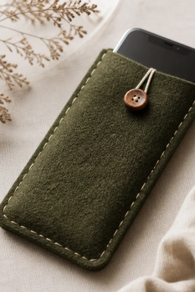 A handmade felt phone sleeve in deep olive with a cream contrast stitch line around the edges and a small wooden button closure. It's shown with a phone partially inside.