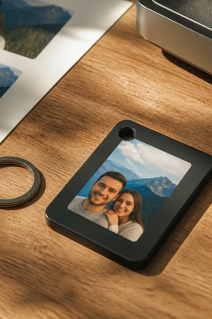 A small keychain tag with a photo printed on it, sealed with a glossy finish, and attached to a metal keyring. The background is dark so the glossy photo pops.