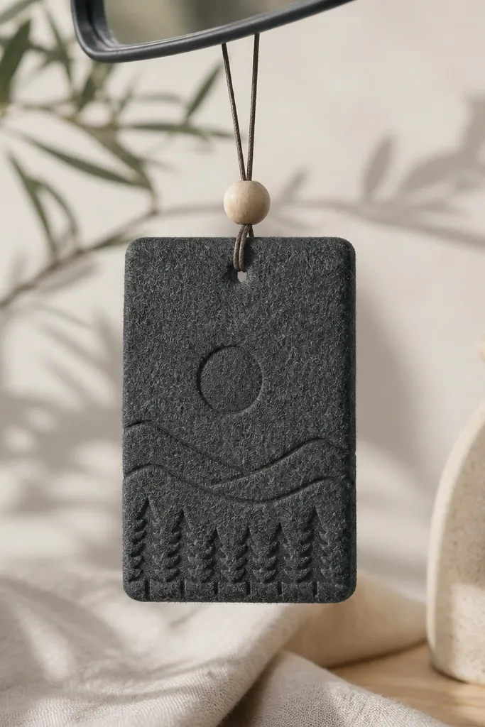 A felt hanging air freshener card in charcoal gray with a small wood bead and waxed string loop. It has a stamped design and a small scent pouch pocket on the back.