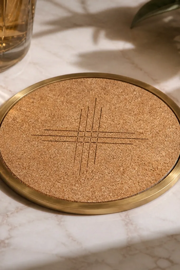 A round cork coaster with a thin metallic brass strip border and a simple straight-line design in the center. The photo shows crisp edges and a warm color mix.