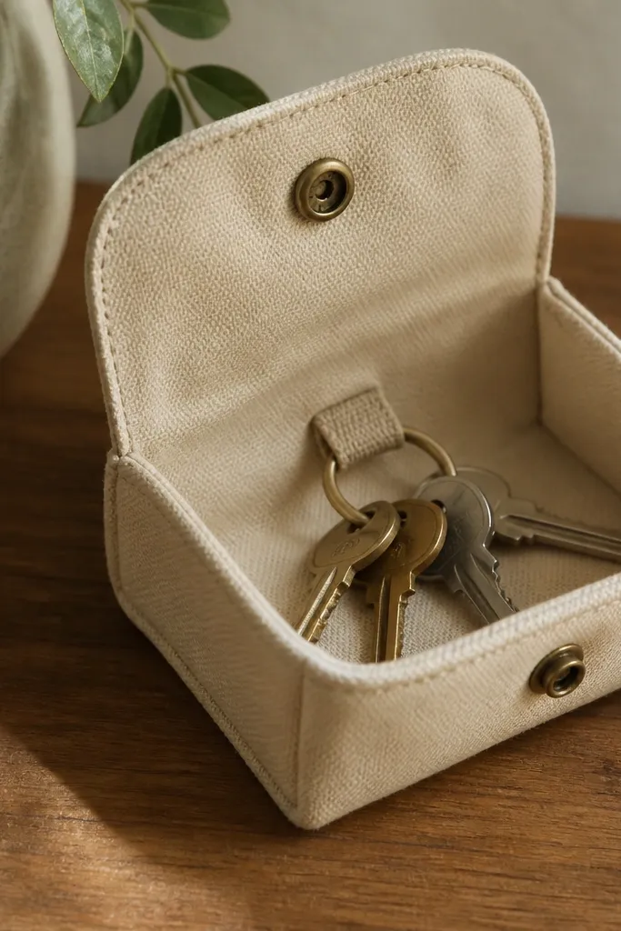 A small canvas pouch with a flap, made from sturdy beige canvas, with a stitched key loop inside and a snap closure. It sits open on a table with keys inside.