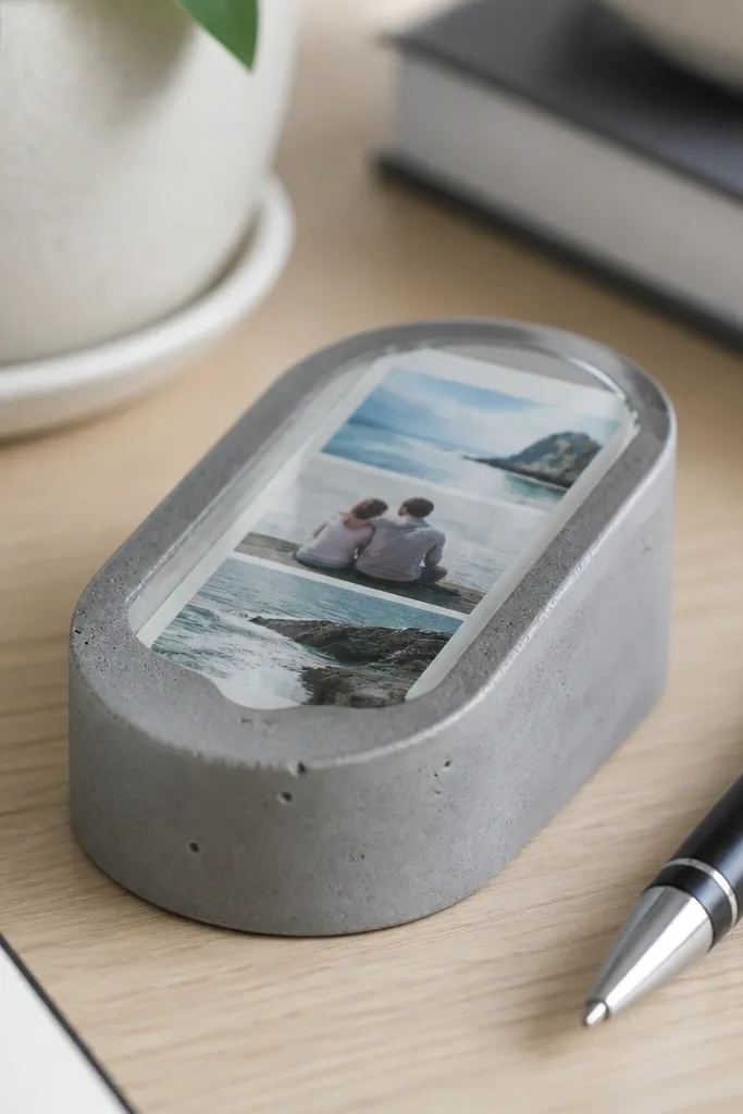 A small desk paperweight with a concrete-gray finish and a visible photo strip embedded under clear resin, photographed on a desk with a pen nearby.