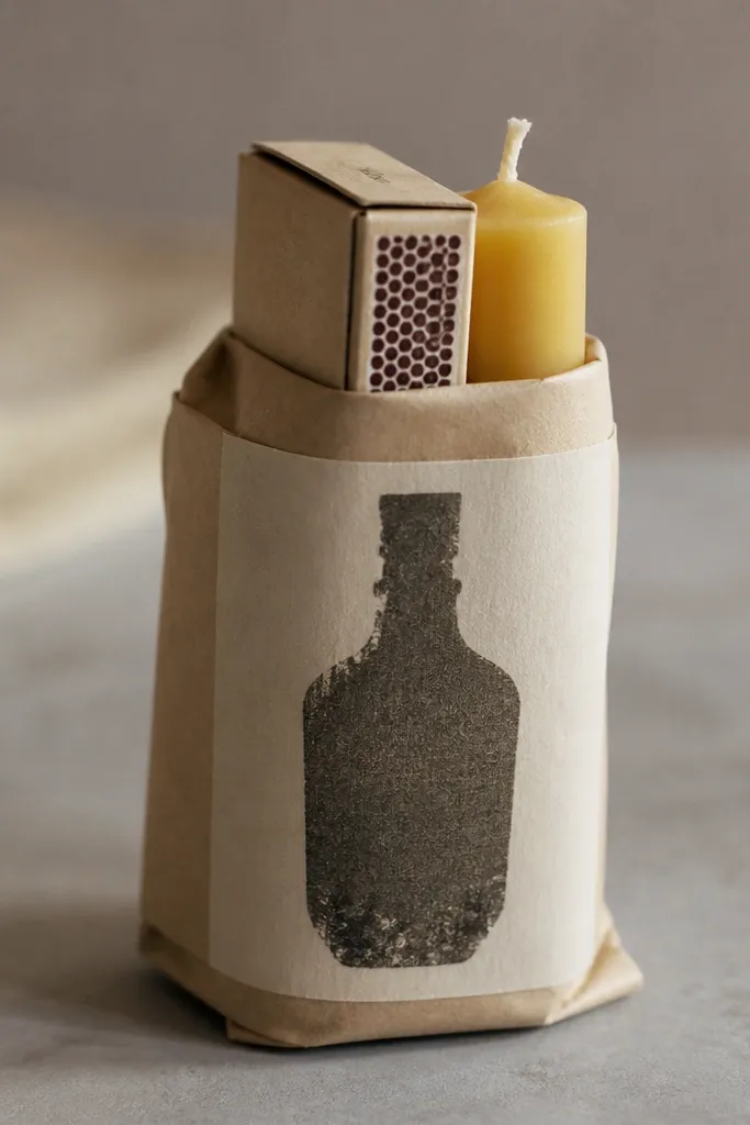 A small matchbox and a mini candle wrapped together with a label that looks like a bourbon bottle, with stenciled serif text. It sits in kraft paper wrap.