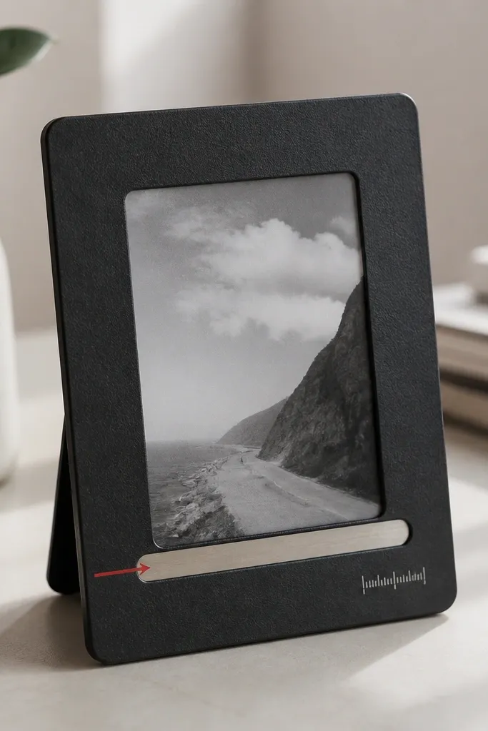 A small DIY photo frame made from a flat black metal sheet with two silver neodymium magnets on the back. The front has a clear acrylic window over a 2x3 photo, and a sliding strip label in brushed steel with a thin red vinyl arrow pointing to the date. The edges are wrapped with black leatherette tape, and a tiny ruler-style tick mark is stamped near the bottom corner.
