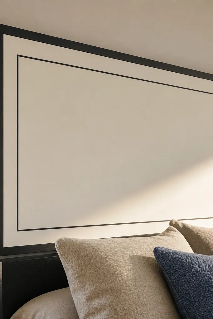 Flat white plywood headboard with a thin darker border