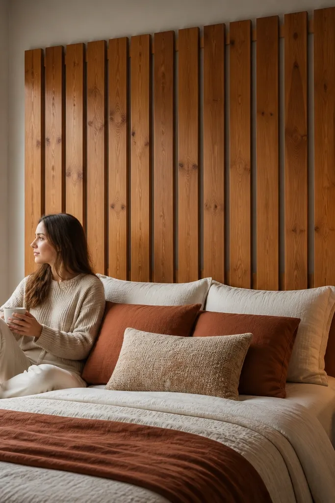 Honey-stained wood slats running vertically on a headboard