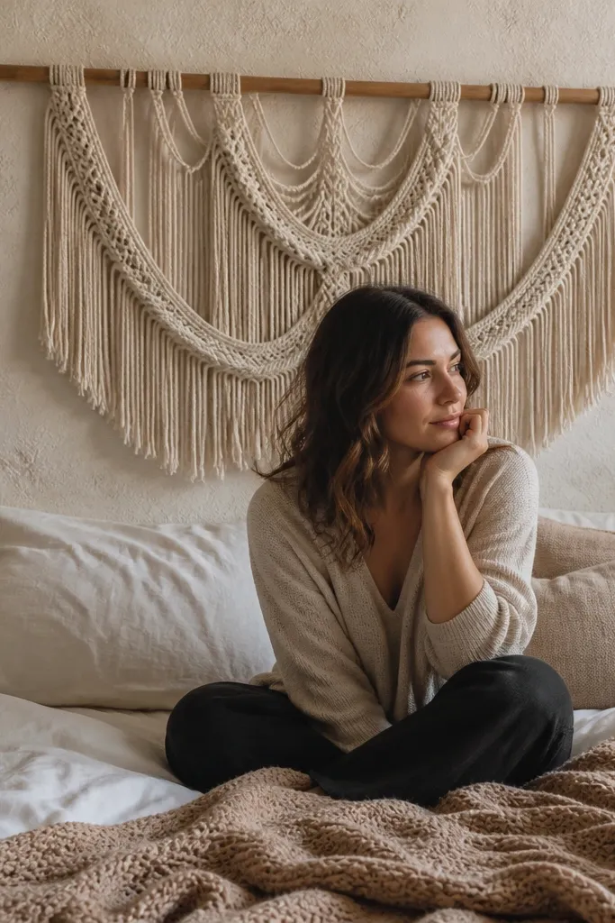 Beige macramé hanging on a wooden dowel frame over the bed
