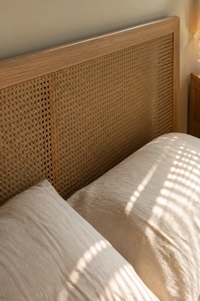 Woven cane and rattan headboard with light airy texture