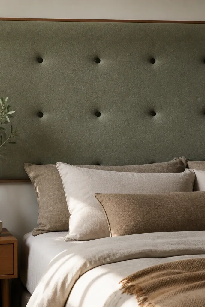 Matte felt headboard with small decorative tacks