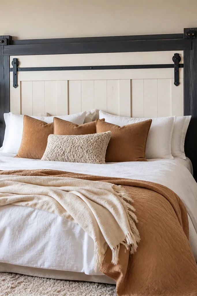 Rustic headboard with a faux barn door rail detail