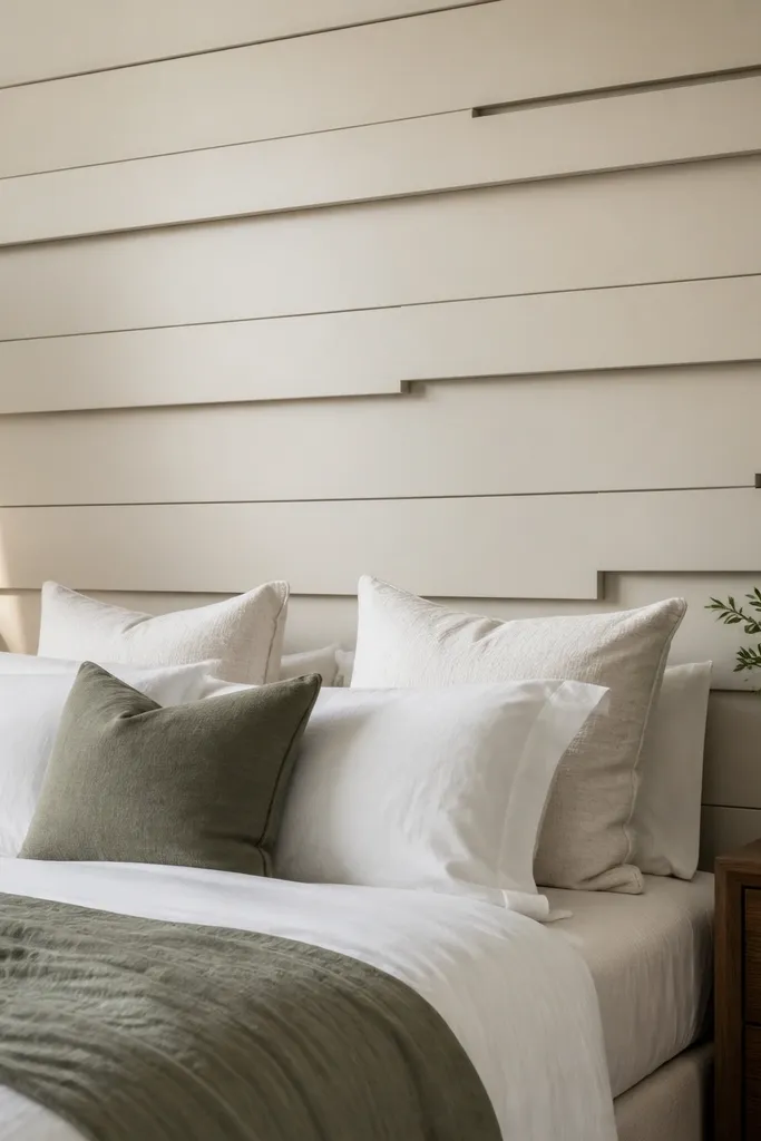 White shiplap headboard with staggered horizontal boards