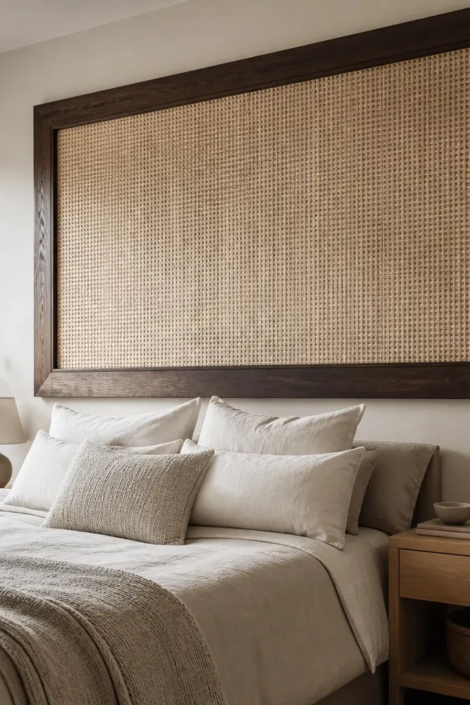 Dark wood framed woven cane panel headboard
