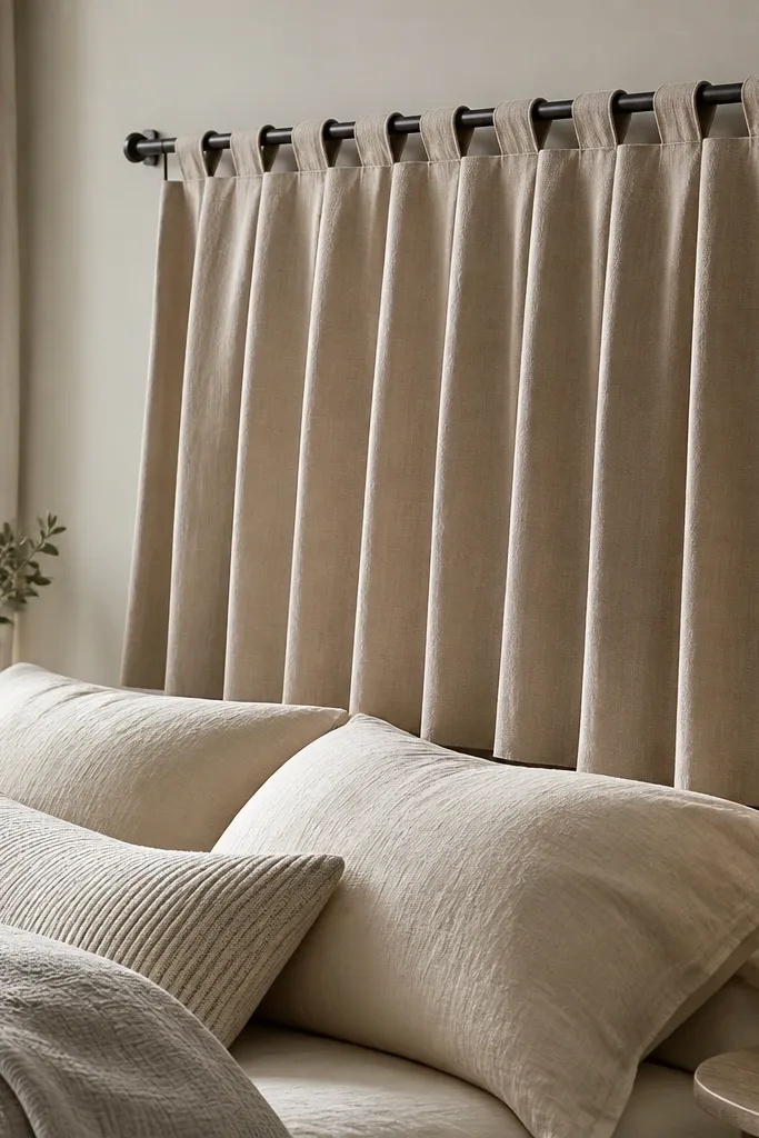 Fabric accordion folds hanging from a top rod behind the bed