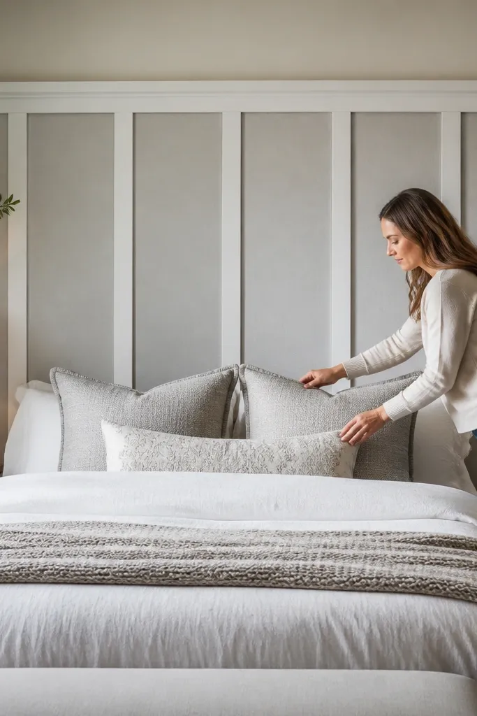 White board-and-batten headboard with fabric behind the battens