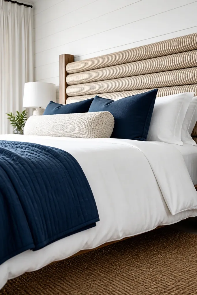 Wood uprights with rope wrapped vertically headboard