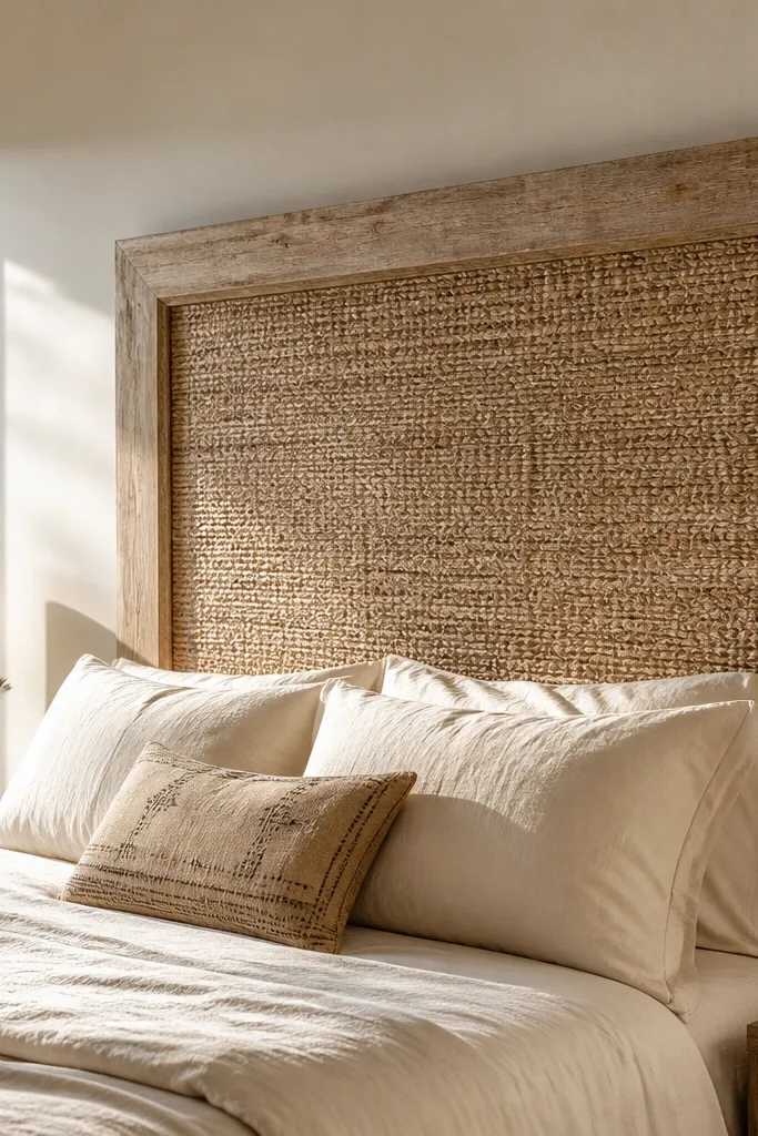 Large rustic frame with woven backing behind the bed