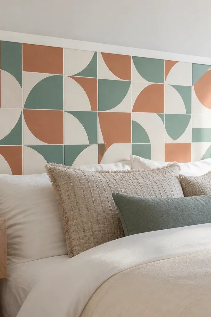 Wallpaper-pattern headboard panel with clean painted border
